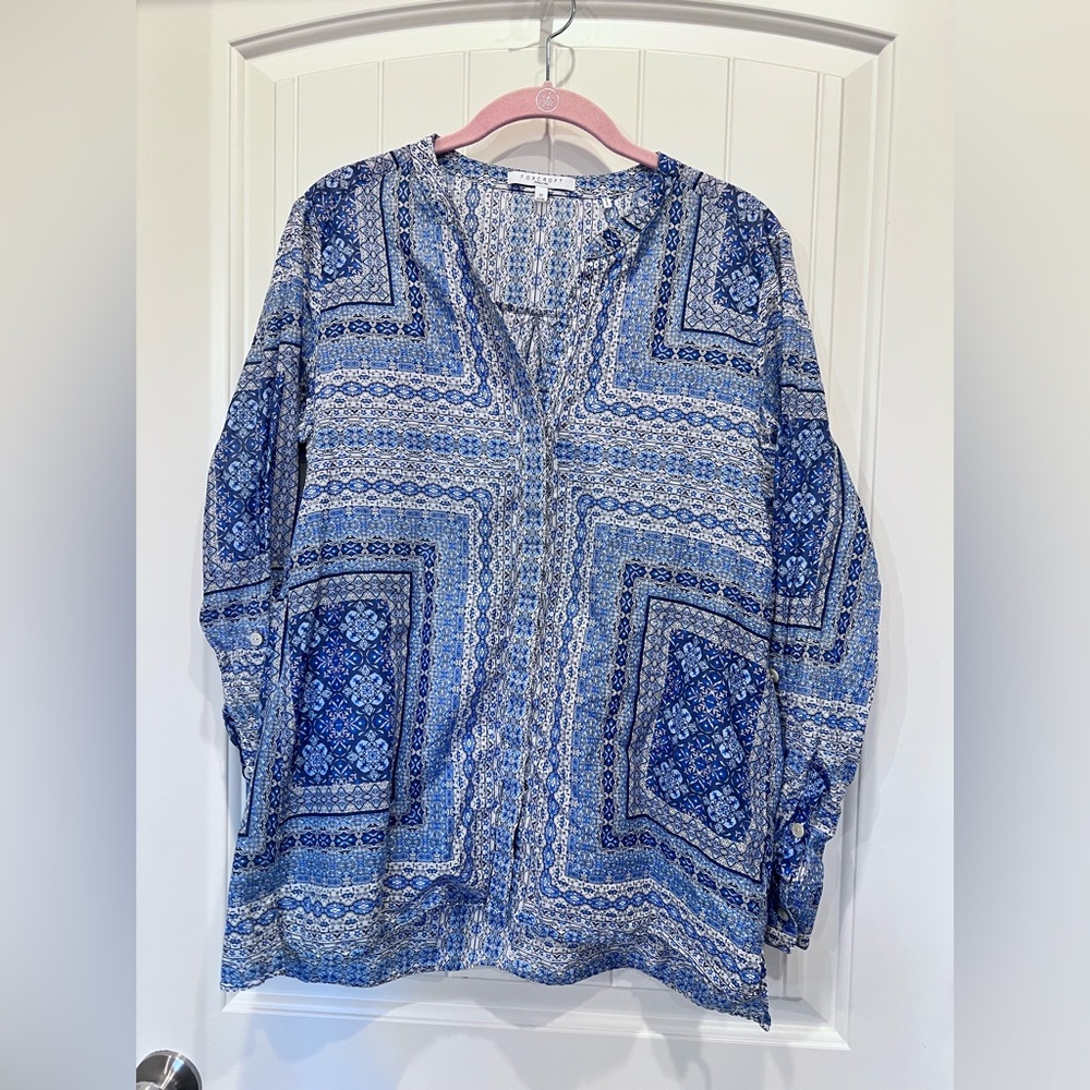 Foxcroft Blue Geometric Scarf Floral Cotton Blouse Sz 12 Fitted Wrinkle Free